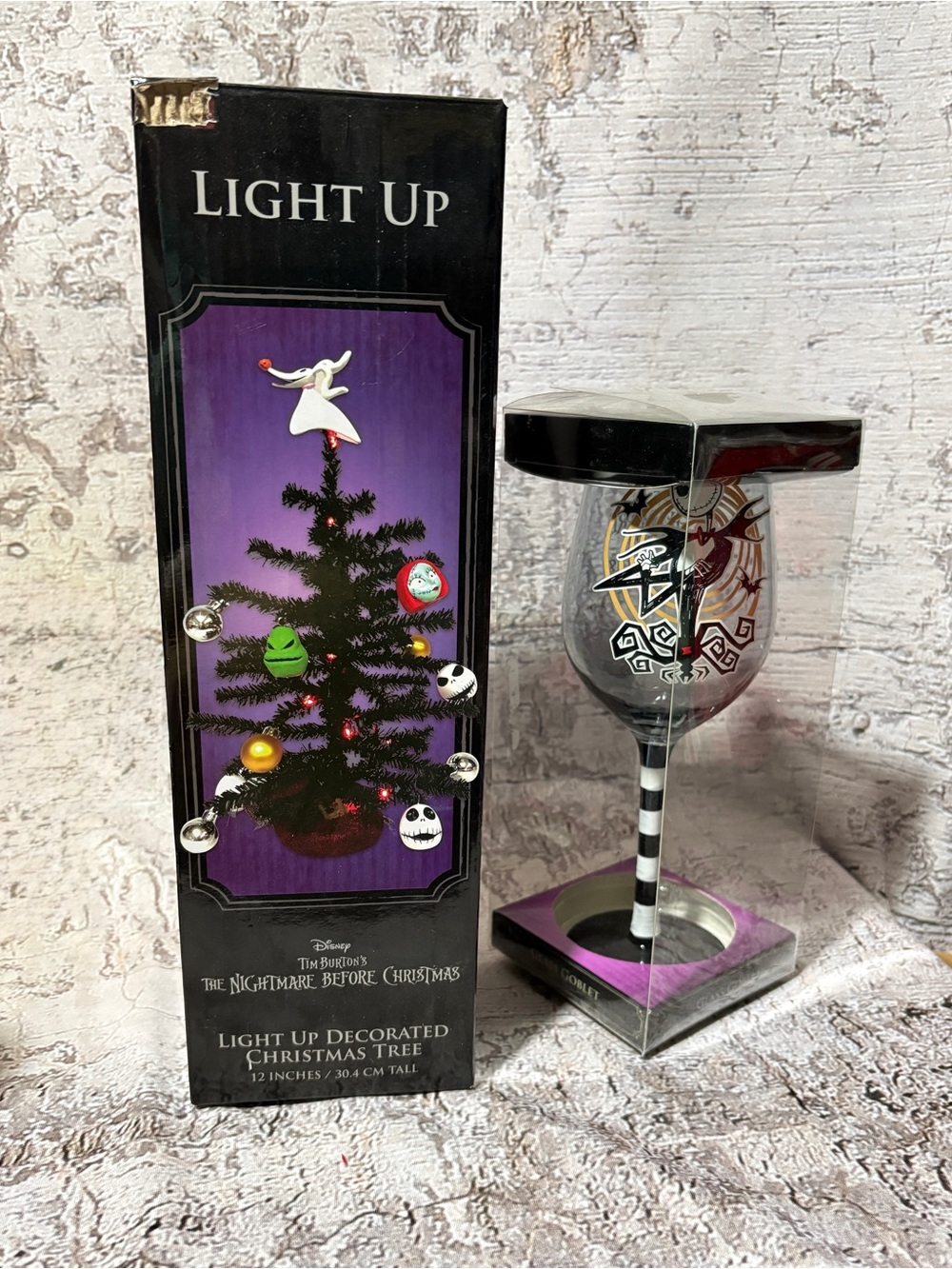 NIB Nightmare Before Christmas Light Up Decorated Christmas Tree & NIB Goblet